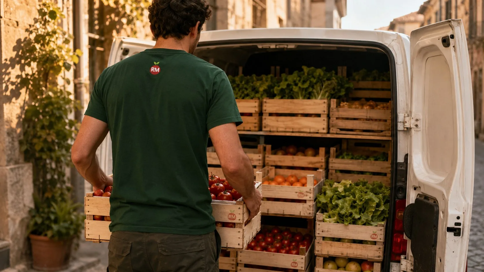 Consegna a domicilio Ortofruttiamoci: cassette di frutta e verdura fresca caricate sul furgone