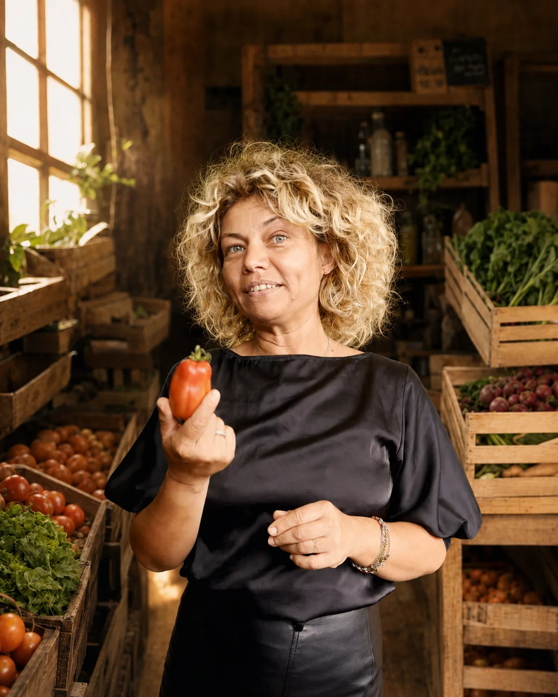 Eunice, titolare di Ortofruttiamoci, sorride con un pomodoro in mano